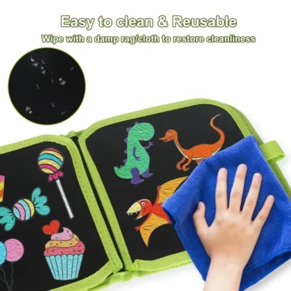 Reusable drawing book with dinosaur designs, easy to clean.