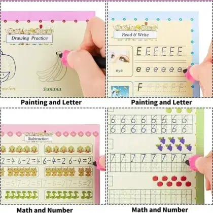 Educational worksheets for drawing, writing, math practice.