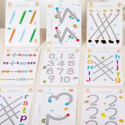 Educational tracing cards for children with letters, numbers.